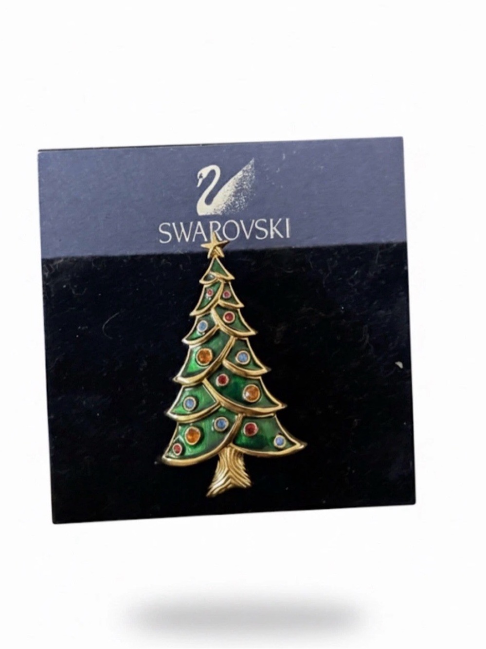 Swarovski Crystal Christmas Tree Brooch Pin Green Enamel Gold Tone Retired